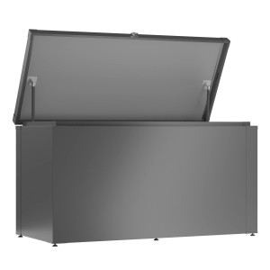 Geöffnete Guardi Gartenbox in Anthrazit, ideal zur Aufbewahrung im Garten oder auf der Terrasse.