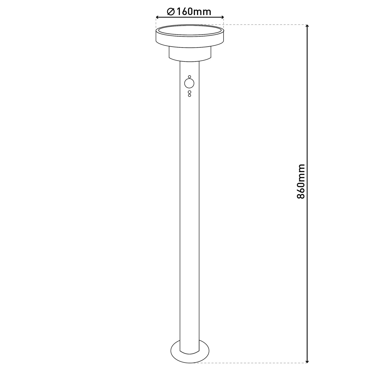 Skizze der schwarzen LED Solar Stehleuchte Nora, 86cm hoch, für den Garten.