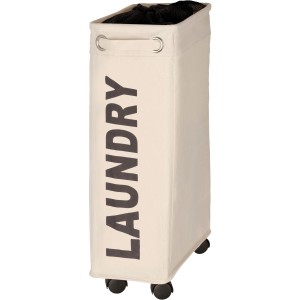 Schmaler, beiger Wenko Wäschesammler Corno mit Rollen und Laundry-Schriftzug, 43 Liter.