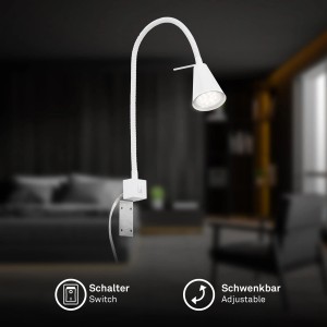 Weiße, schwenkbare Briloner LED Bettleuchte Tuso mit warmweißem Licht, montiert am Bett.