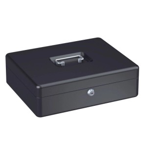 Schwarze Basi Geldkassette GK 10*L mit Tragegriff und Schloss, 90x300x240mm.