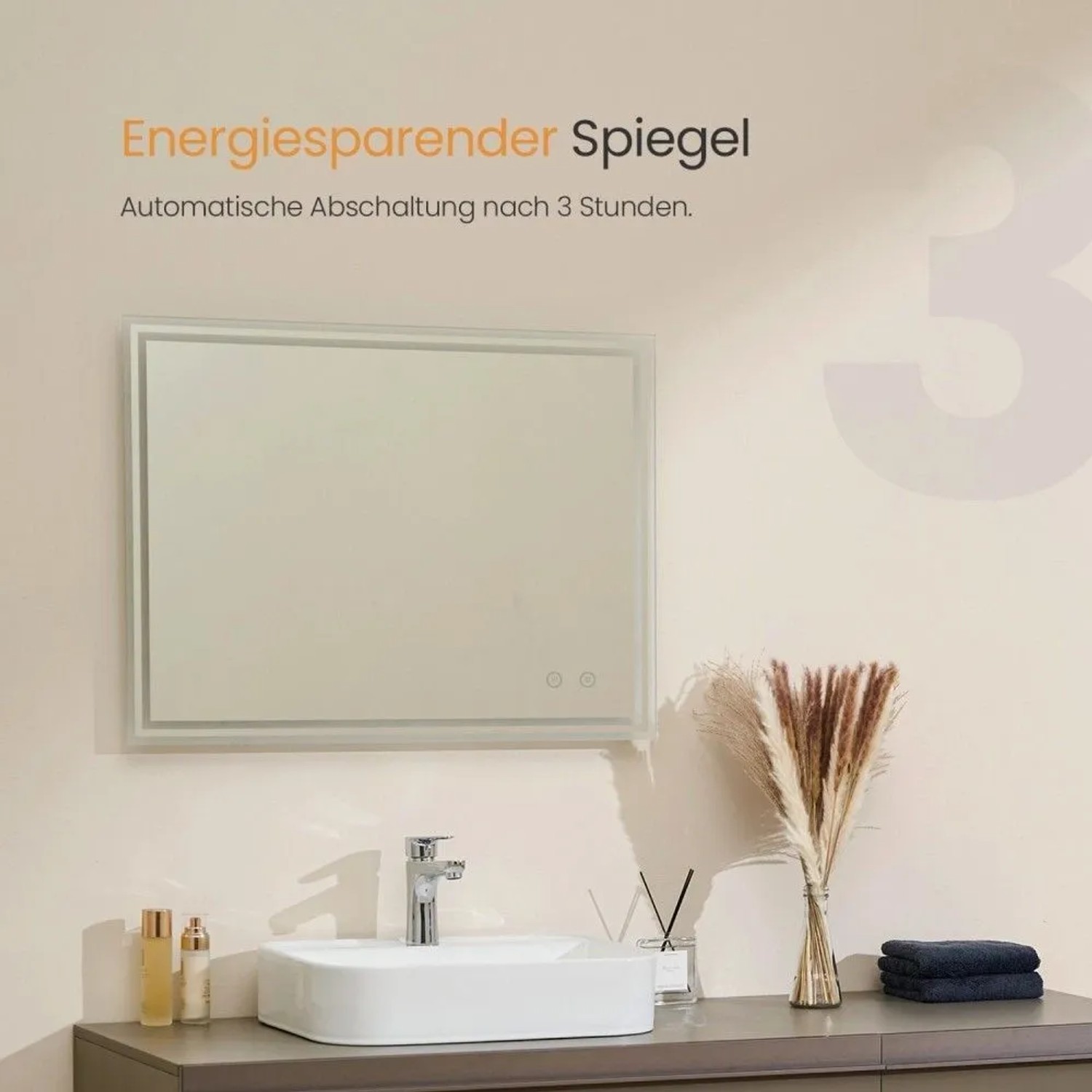 Rechteckiger Emke LED-Badspiegel 80x60 cm mit Beleuchtung, Antibeschlag, Touchschalter & autom. Abschaltung.