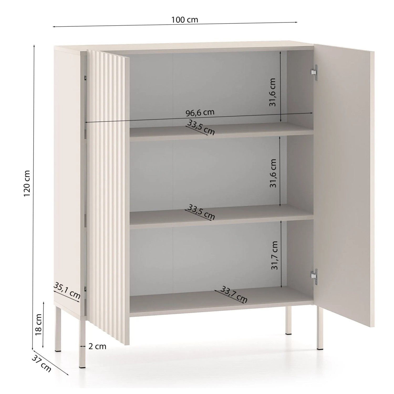 Selsey Highboard Derriva 100 cm Kaschmir, gerillte Front, offene Türen, 3 Fächer, Metallbeine. Maße: 120x100x37 cm.