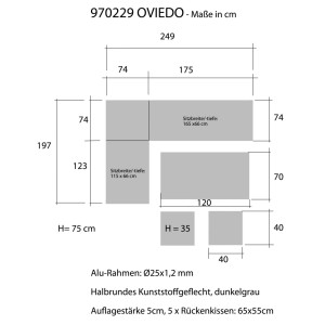Skizze der Lounge-Eckgruppe Oviedo mit Maßen. Gartenmöbel aus grauem Kunststoffgeflecht.