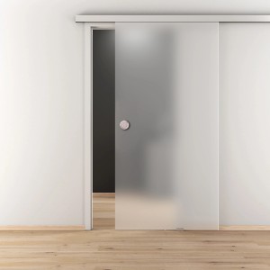 Glasschiebetür-Set Nova 501 Edelstahloptik mit Griffmuschel, teilgeöffnet.