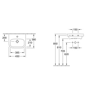 Technische Zeichnung: Villeroy & Boch Architectura Handwaschbecken, 45 cm, weiß, mit Maßen.