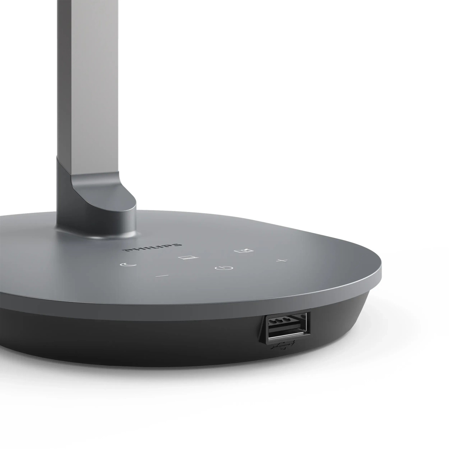 Dunkelgraue Philips LED-Tischleuchte Sword mit USB-Ladeanschluss und Bedienelementen.