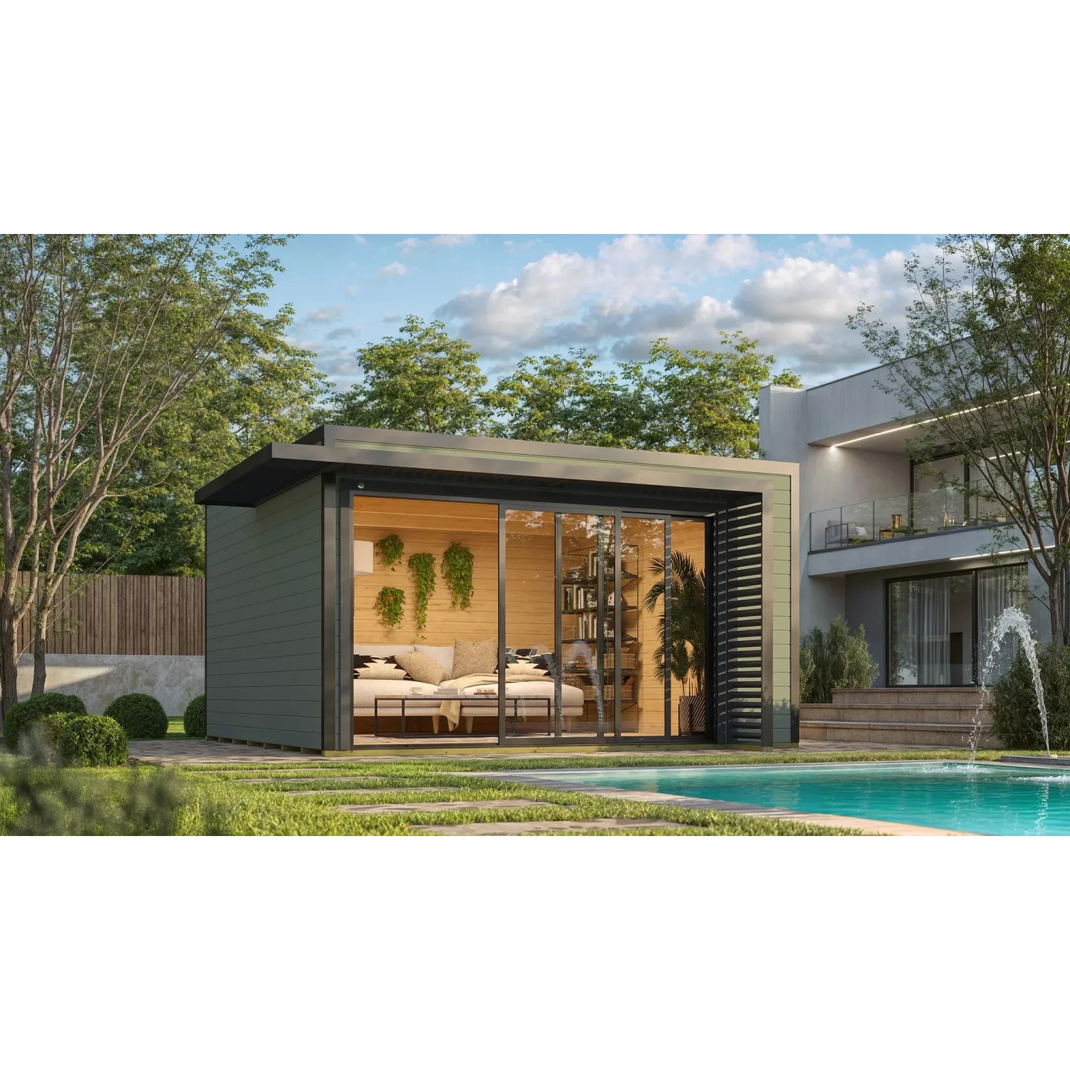 Modernes Weka Gartenhaus Amberley (400x400 cm) mit Schiebetür, graugrün und anthrazitfarben.