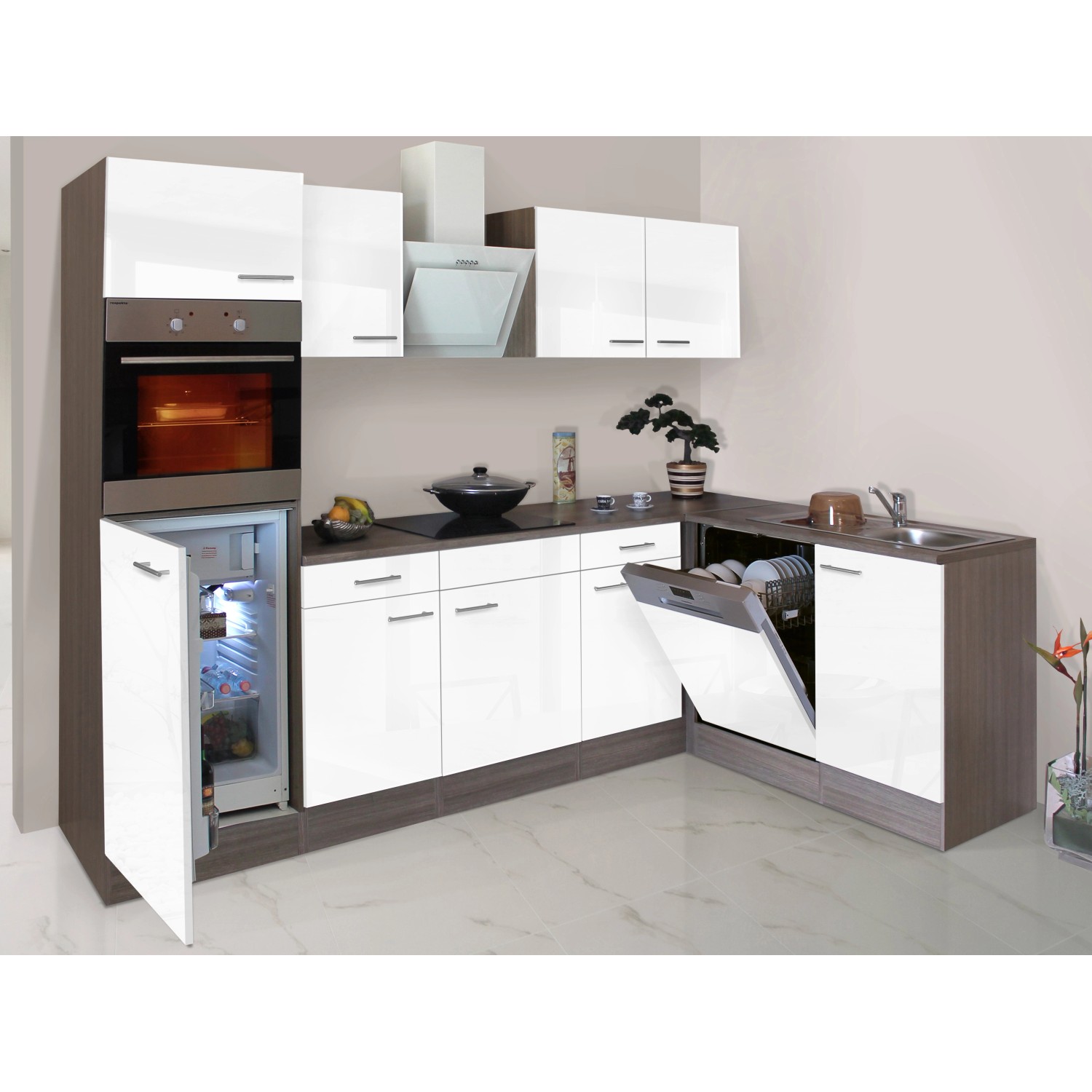 Respekta Winkelküche, 280 cm, Weiß Seidenglanz/Eiche York Nachbildung, mit E-Geräten wie Kühlschrank und Geschirrspüler.