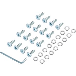 Montage-Set für Gartentisch Sacramento, 33-teilig: Schrauben, Abstandshalter und Schraubenschlüssel.