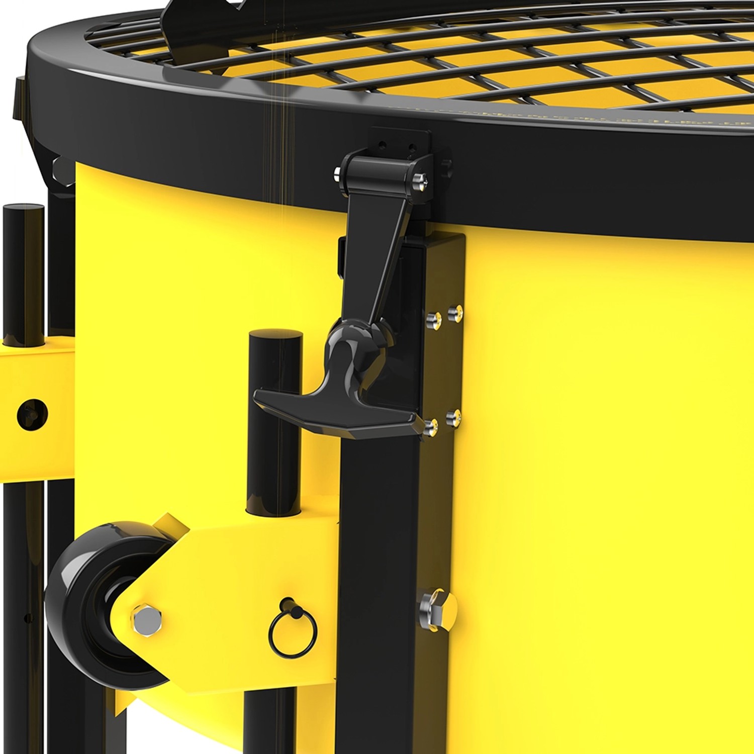 Detailansicht des Güde Zwangsmischers GZM 120 in Gelb-Schwarz mit Verschluss und Rad.