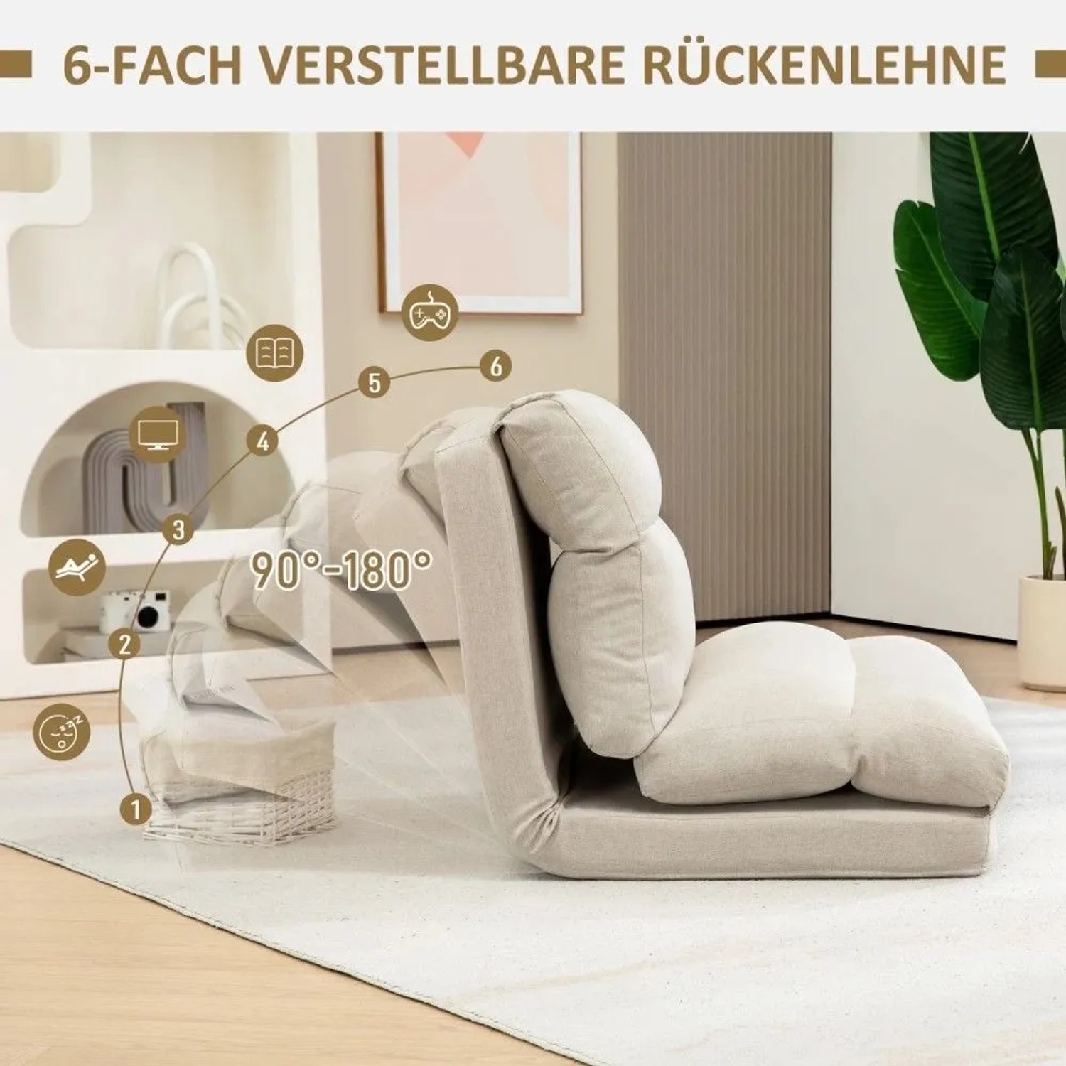 HOMCOM Bodenstuhl, beige, mit 6-fach verstellbarer Rückenlehne von 90-180 Grad. Ideal als Relaxsessel oder Liege.