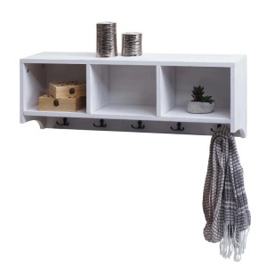 Weißes MCW Wandregal K49 im Shabby-Look mit 3 Fächern und 5 Haken.