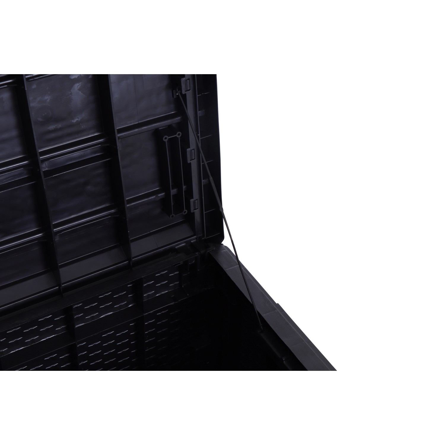 Geöffnete Toomax Kissenbox Portofino, 124x55x56 cm, anthrazit. Detailansicht des Deckels und Innenraums der Aufbewahrungsbox.