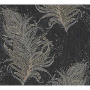 Vliestapete mit Federn in Schwarz und Gold. Dekorative Tapete mit elegantem Muster.