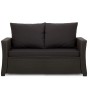 Schwarzes 2-Sitzer Gartensofa mit Kissen aus Polyrattan. Bequemes Sitzkissen & Rückenkissen für Gartenmöbel.
