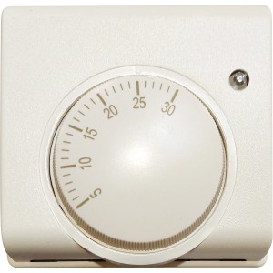 Weißes Raumthermostat zur Temperaturregelung von 5 °C bis 30 °C für Heizungsinstallation.