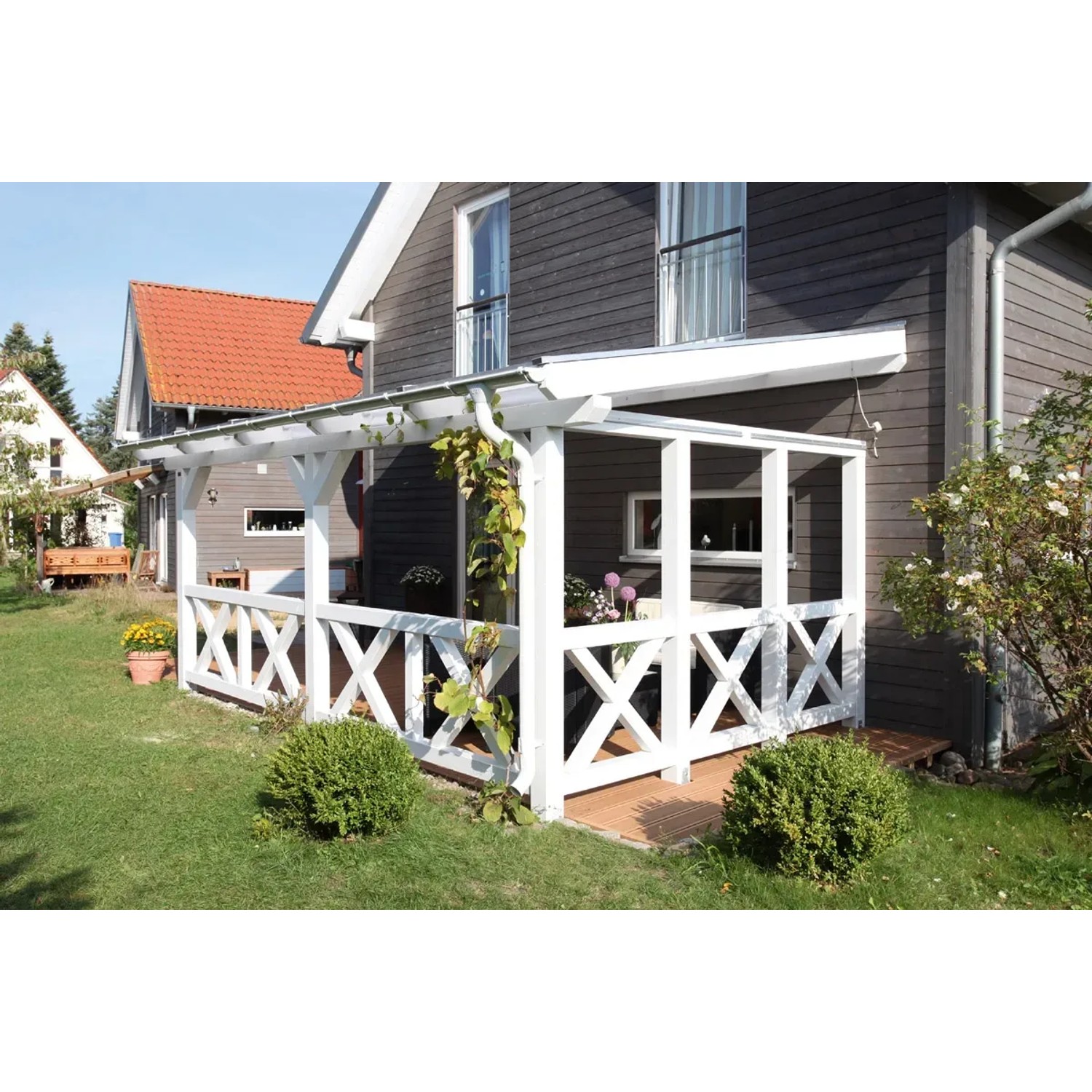 Skan Holz Terrassenüberdachung Andria, 434x300 cm, Leimholz schiefergrau, mit klarer Doppelstegplatte.