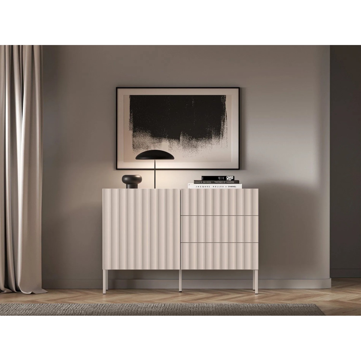 Selsey Sideboard Derriva Kaschmir mit gerillten Fronten, Schubladen & Fächern. Moderne Kommode für stilvollen Stauraum.