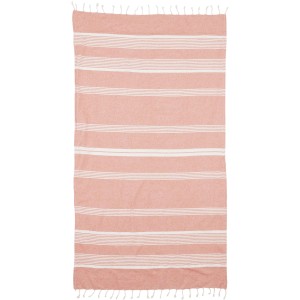 Orangefarbene In the Mood Reisedecke (160x90 cm) mit weißen Streifen und Fransen.