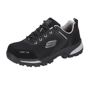Schwarzer Skechers Strigax Gatlon Herren Sicherheitsschuh S3L mit grauen Akzenten, Komposit-Schutzkappe und rutschhemmender Sohle.