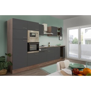 Respekta Küchenzeile KB330EYGMIGKE, 330 cm, Grau Seidenglanz und Eiche York Nachbildung.