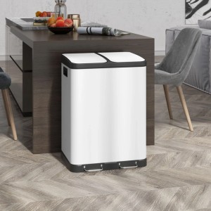 Weißer HOMCOM Mülleimer mit zwei 30L Fächern, Pedalöffnung und Soft-Close-Deckeln für Mülltrennung.