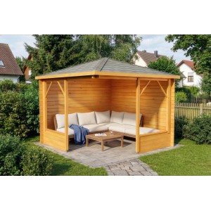 Imprägnierte 5-Eck Gartenlaube Maik-28 Natur, 325x325 cm mit Sitzgruppe und Tisch.