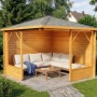 Imprägnierte 5-Eck Gartenlaube Maik-28 Natur, 325x325 cm mit Sitzgruppe und Tisch.