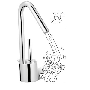 Chrom Waschtischarmatur WT-370 von baliv mit hohem Auslauf und Comic-Illustration.