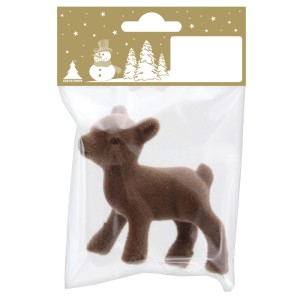 Beflocktes braunes Kunststoff-Reh als Weihnachtsdekoration, verpackt in Klarsichtbeutel mit festlichem Header.