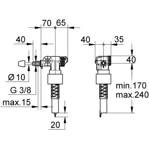 Technische Zeichnung: Grohe Füllventil 3/8 Zoll für Spülkasten, Maße und Details.