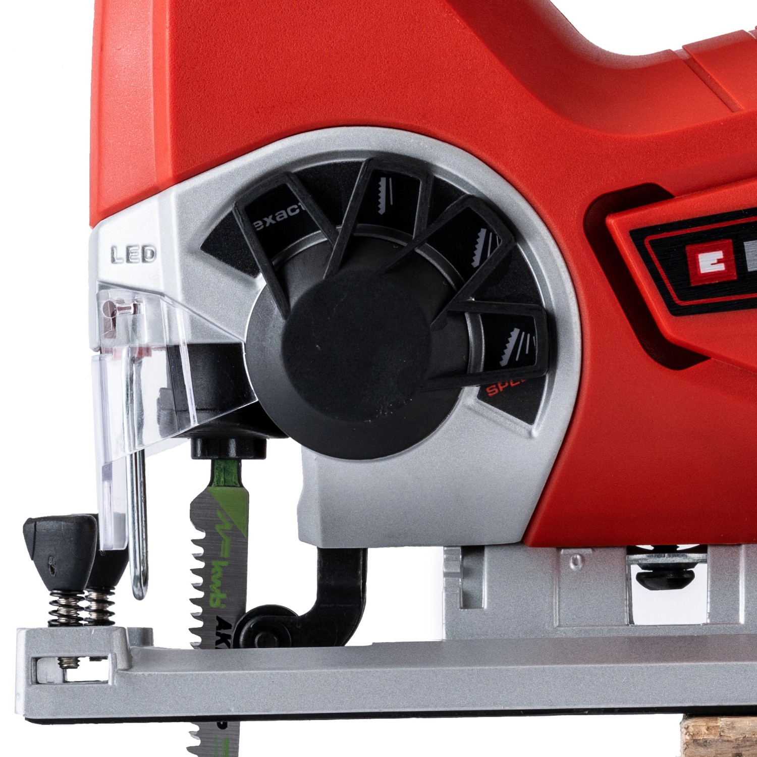 Detailaufnahme der roten Einhell Akku-Stichsäge TE-JS 18 Li Solo mit Spanreißschutz.