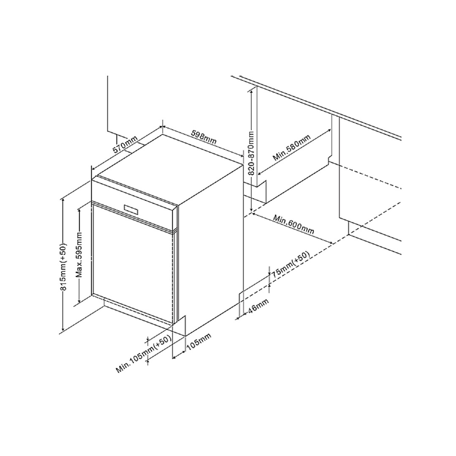 Skizze der Küchenzeile Mailand, 220 cm, mit Maßangaben. Ideal für die Küchenplanung.