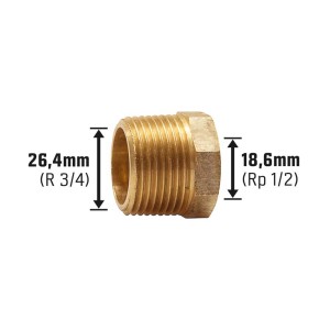 Gewinde-Reduzierstück aus Rotguss, 18,6 mm (Rp 1/2) x 26,4 mm (R 3/4) für Gewindefittings.