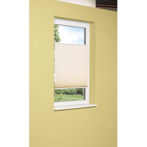 Beiges Plissee Valeria, 120x130 cm, am Fenster montiert, für Sichtschutz und Dekoration.