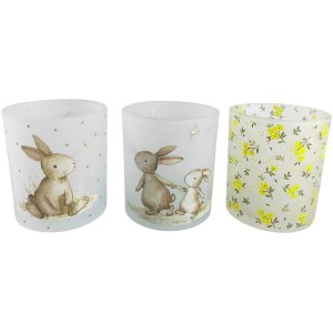 Boltze Windlicht Ostern, 3-fach sortiert, 10 cm, mit Hasenmotiven und gelben Blumen.