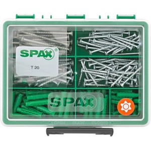Spax Schrauben-Set, 161-teilig mit Schrauben, Dübeln und Bit im Sortimentskasten.