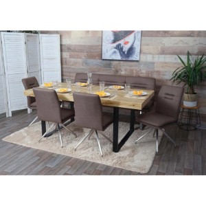 Braunes MCW Esszimmer-Set H70 mit Sitzbank und Stühlen, Tisch 180 cm, Edelstahlgestell.