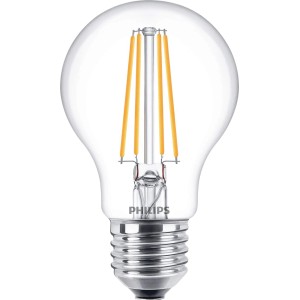 Philips LED-Lampe E27 in Glühlampenform, 7W, 850lm. Klares Glas, LED-Filamente sichtbar.