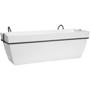 Weißes Florus Geländertopf-Set Paris 50 aus recyceltem Kunststoff mit Halterung für den Balkon.