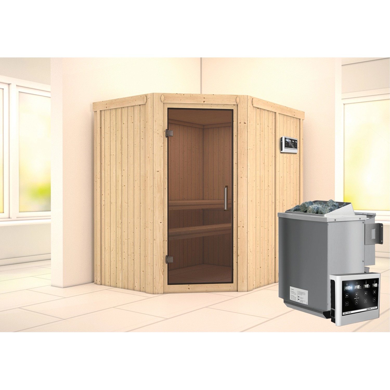 Karibu Sauna-Set Cleo mit Bio-Ofen und Steuerung, Fichte natur, Tür aus Glas.