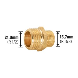 Messing Gewinde-Reduziernippel, 21 mm auf 16,7 mm, für Gewindefittings.