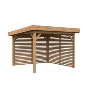 Quadratischer, braun tauchgrundierter Palmako Pavillon Lenna Set 302 aus Holz mit Sichtschutzwänden.