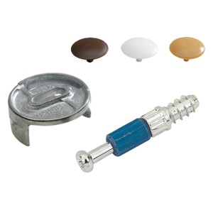 Hettich Verbindungsbeschlag Set mit Stahl-Verbinder, Dübel und Abdeckkappen in Braun, Weiß und Beige.