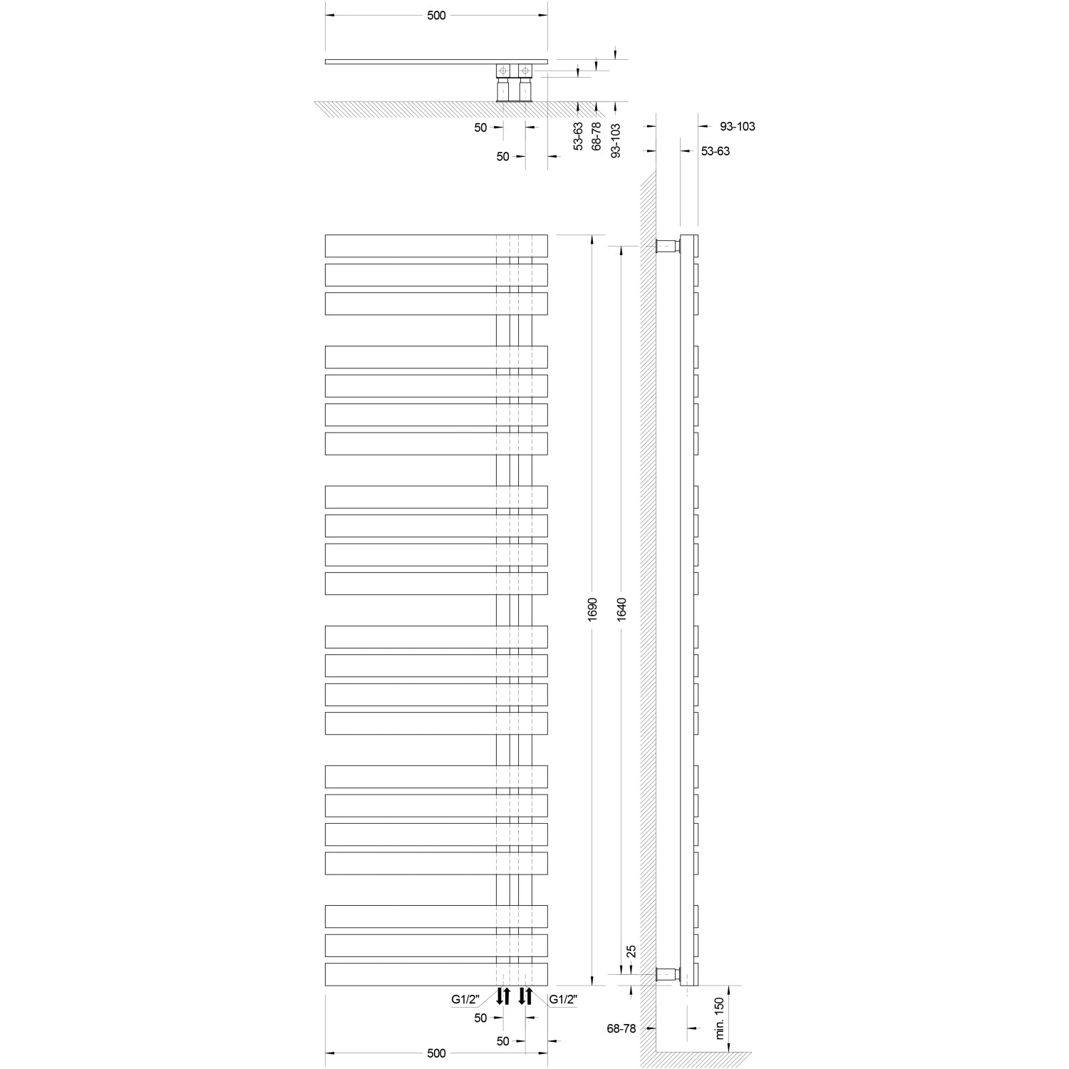 Technische Zeichnung Schulte Design-Heizkörper Breda, 718 W, Alpinweiß, mit Maßen.