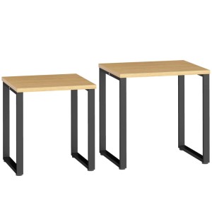 Zwei HOMCOM Couchtische in Naturholz-Optik mit schwarzen Metallbeinen, einzeln oder als Satztisch nutzbar.