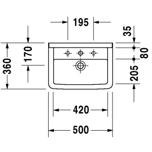 Technische Zeichnung: Duravit Starck 3 Waschbecken, 50 cm, weiß, mit Hahnloch und Überlauf. Maße in mm.