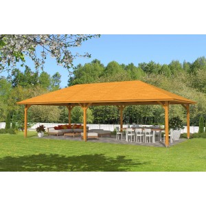 Holz-Pavillon Orleans 4 von Skan Holz, eiche hell lasiert, mit Gartenmöbeln im Grünen.