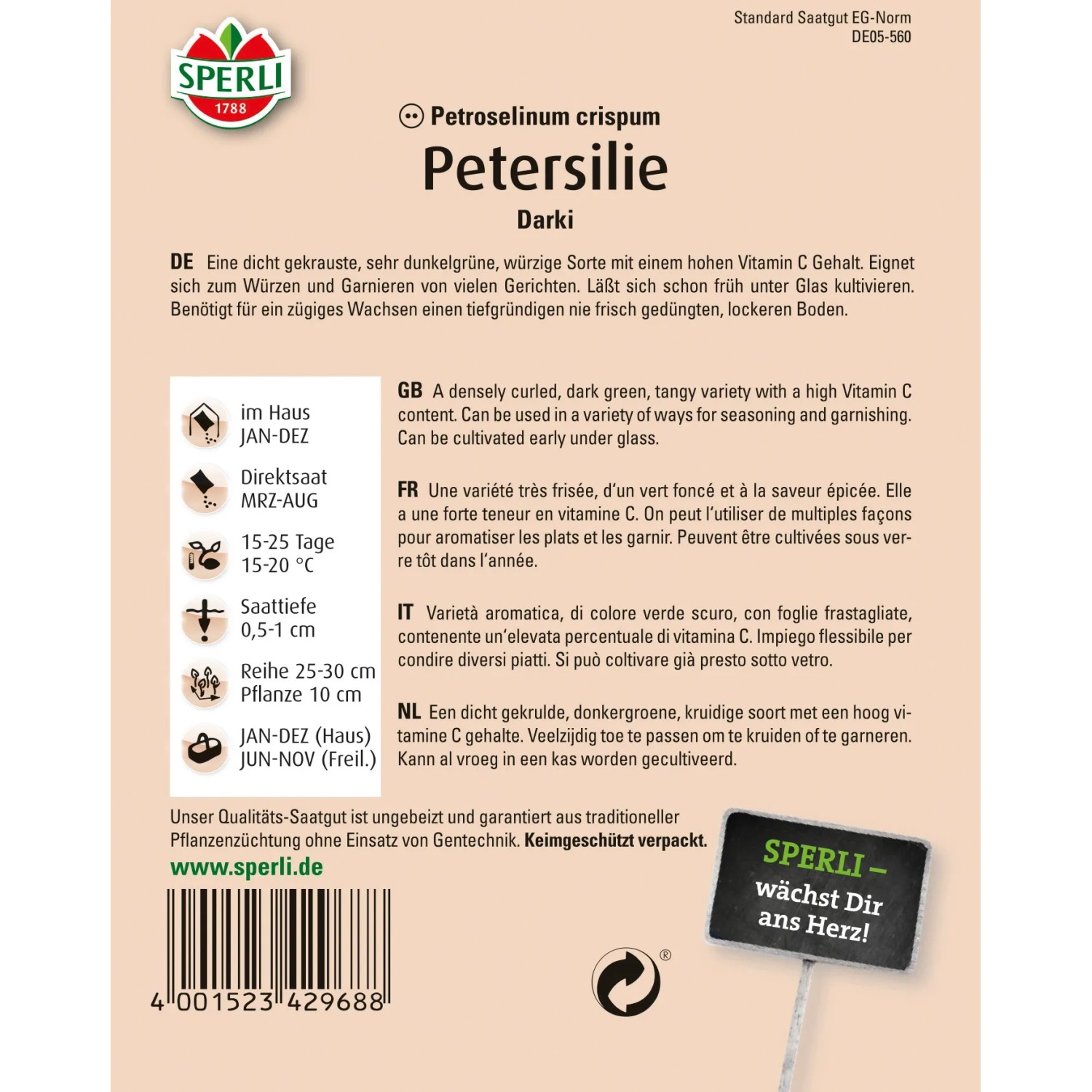 Samenpackung Sperli Petersilie Sperlis Darki, dicht gekraust und vitaminreich.